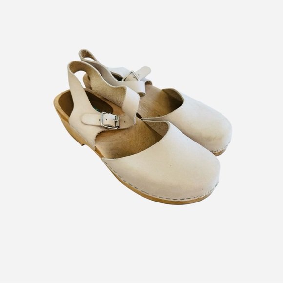 Mia Sofia Wooden Sweedish Leather Beige Clogs Sz 40 - Picture 2 of 8
